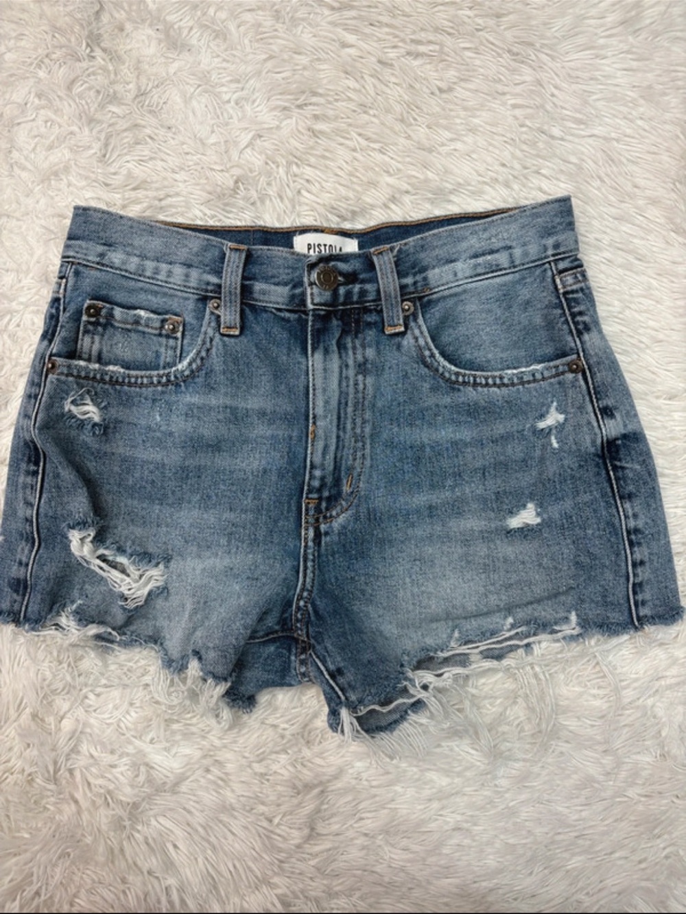 pistola medium blue distressed frayed denim shorts